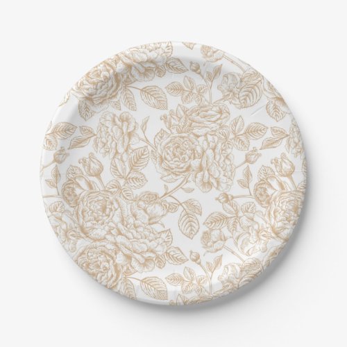 Beige Vintage Rose Flower Pattern Paper Plates