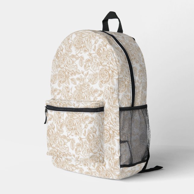 Beige Vintage Rose Flower Pattern Printed Backpack (Back Corner Right)