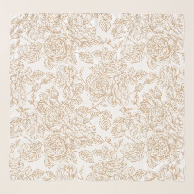 Beige Vintage Rose Flower Pattern Scarf (Front)