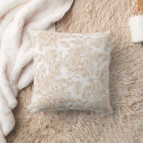 Beige Vintage Rose Flower Pattern Throw Pillow