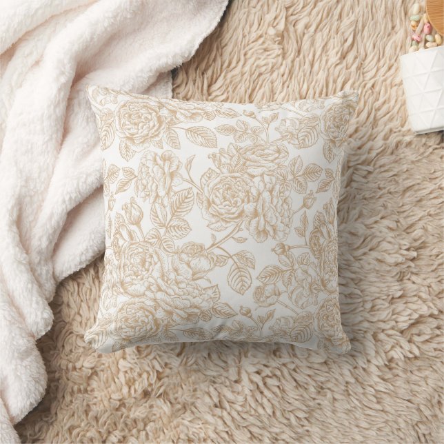 Beige Vintage Rose Flower Pattern Throw Pillow (Blanket)