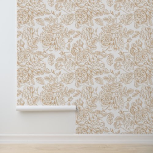 Beige Vintage Rose Flower Pattern Wallpaper