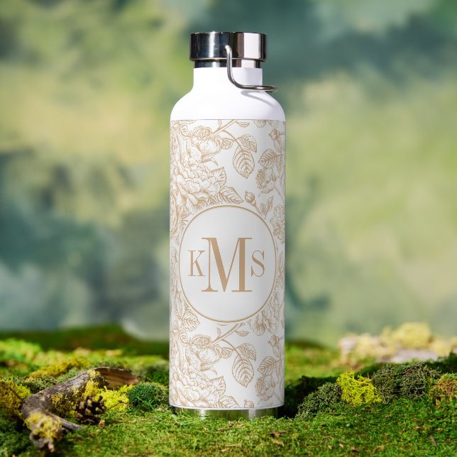Beige Vintage Rose Flower Pattern Water Bottle (Outdoor)