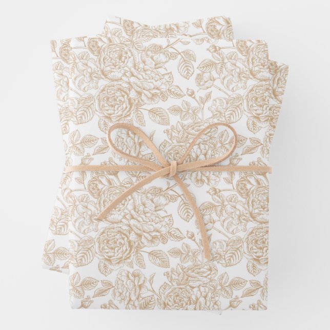 Beige Vintage Rose Flower Pattern Wrapping Paper Sheets (In situ)