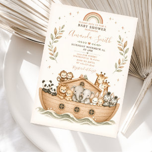 Beige Watercolor Animals Noah's Ark Baby Shower Invitation