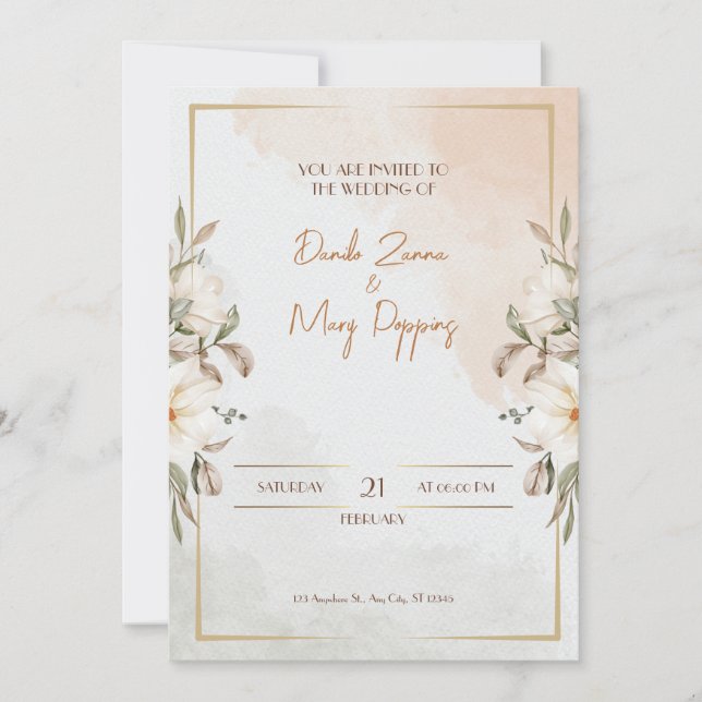 Beige Watercolor Flower Wedding Invitation (Front)