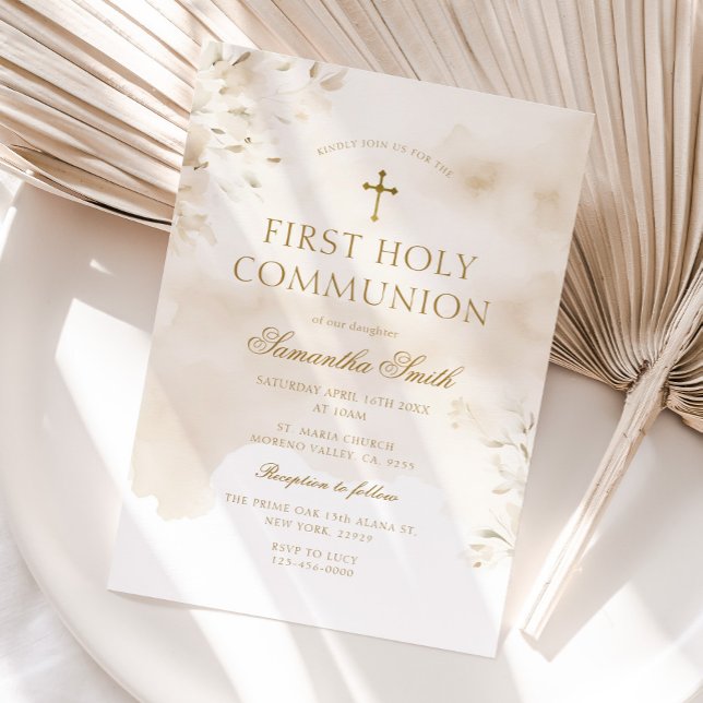 Beige Watercolor Gold Cross First Holy Communion Invitation (Creator Uploaded)
