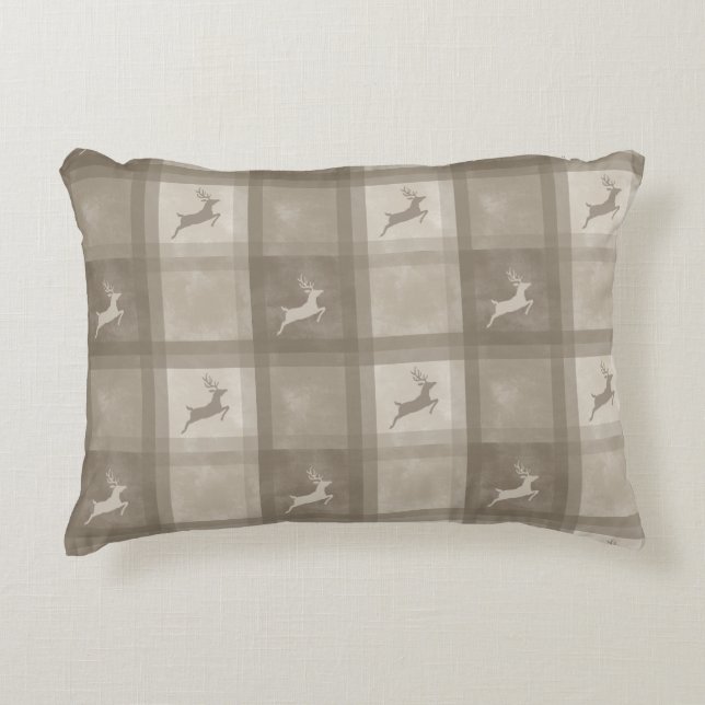 Beige Watercolor Plaid With Deer Christmas Accent Pillow (Front)