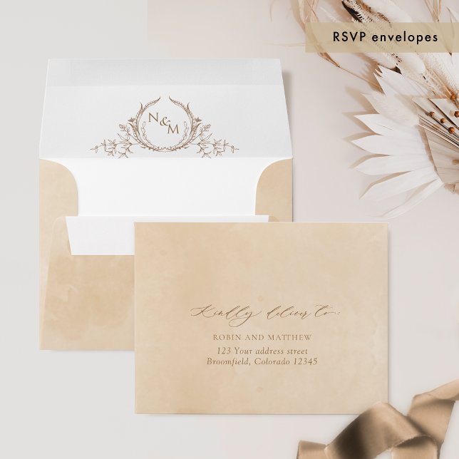 Beige Watercolor RSVP w/ Return Address Crest Envelope (Creator Uploaded)