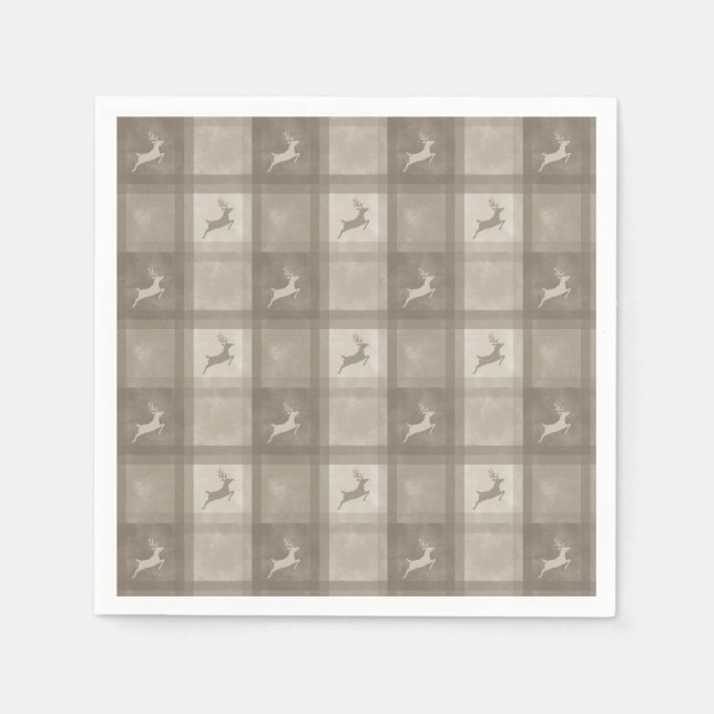 Beige Watercolor Texture Plaid And Deer Christmas Napkins (Front)