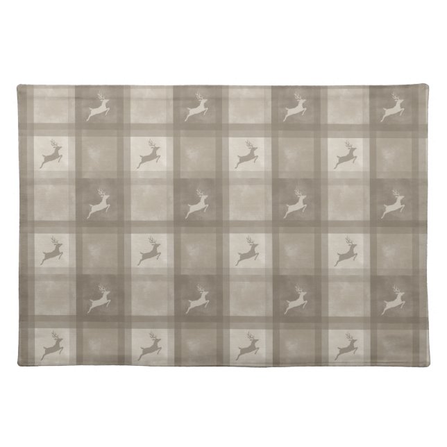Beige Watercolor Texture Plaid With Deer Christmas Cloth Placemat (Front)