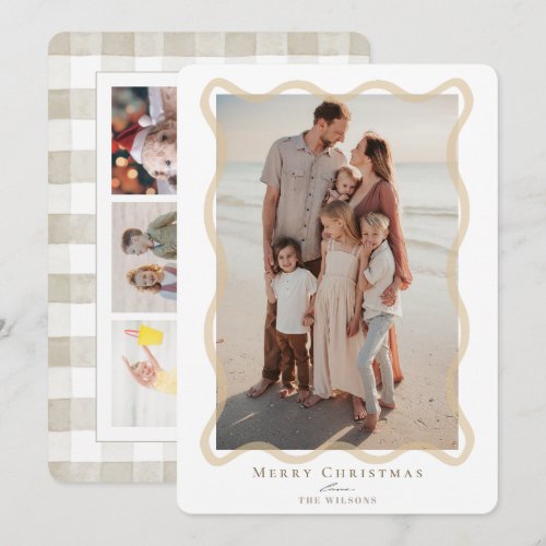 Beige Wavy Frame 4 Photos Christmas Holiday Card
