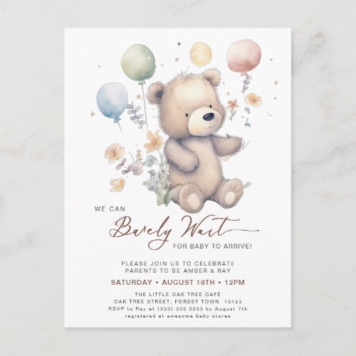 Beige We Can Bearly Wait Boy Baby Shower Invitation Postcard