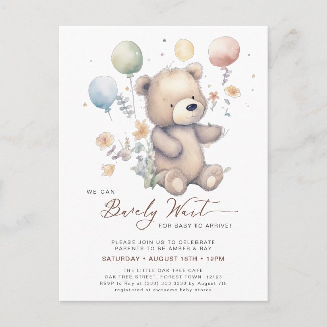 Beige We Can Bearly Wait Boy Baby Shower Invitation Postcard (Front)