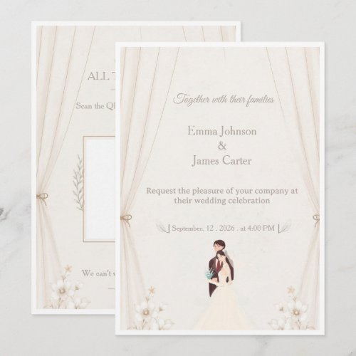 Beige Wedding Invitation with QR Code