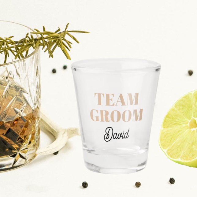 Beige Wedding Team Groom Personalized Shot Glass (In Situ)