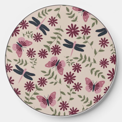 Beige Whimsical Butterflies and Dragonflies Wireless Charger