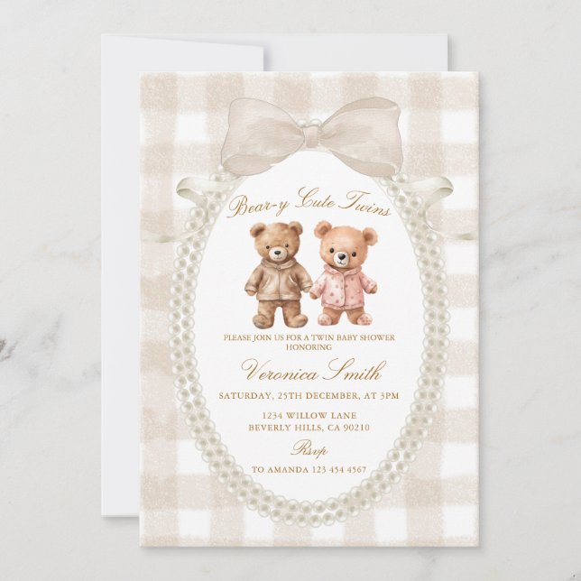 Beige White Bear-y Cute Twins Bear Baby Shower Invitation (Front)
