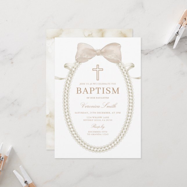 Beige White BOW Pearls Girl Baptism Christening Invitation (Front/Back In Situ)