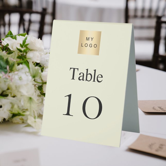 Beige white business logo table number tent (Creator Uploaded)