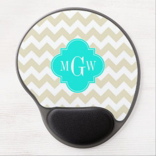 Beige White Chevron Aqua Quatrefoil 3 Monogram Gel Mouse Pad