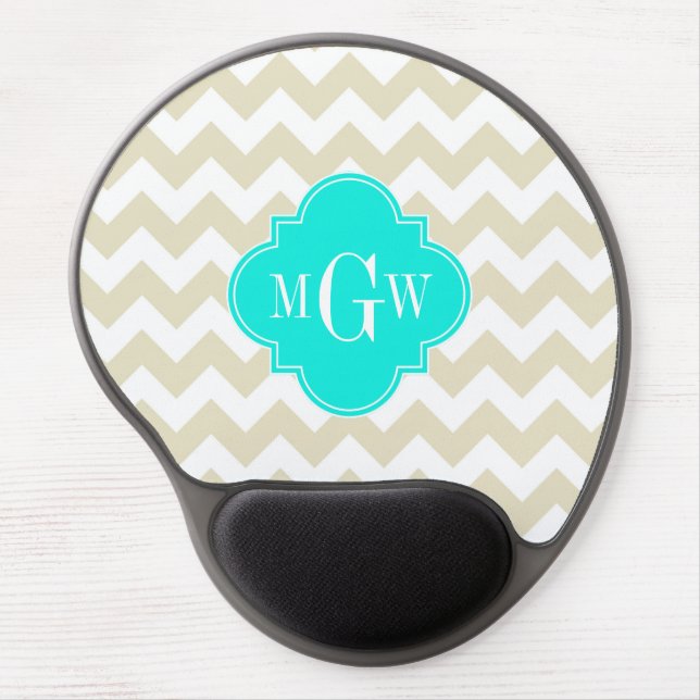 Beige White Chevron Aqua Quatrefoil 3 Monogram Gel Mouse Pad (Front)