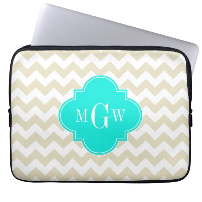 Beige White Chevron Aqua Quatrefoil 3 Monogram Laptop Sleeve (Front)