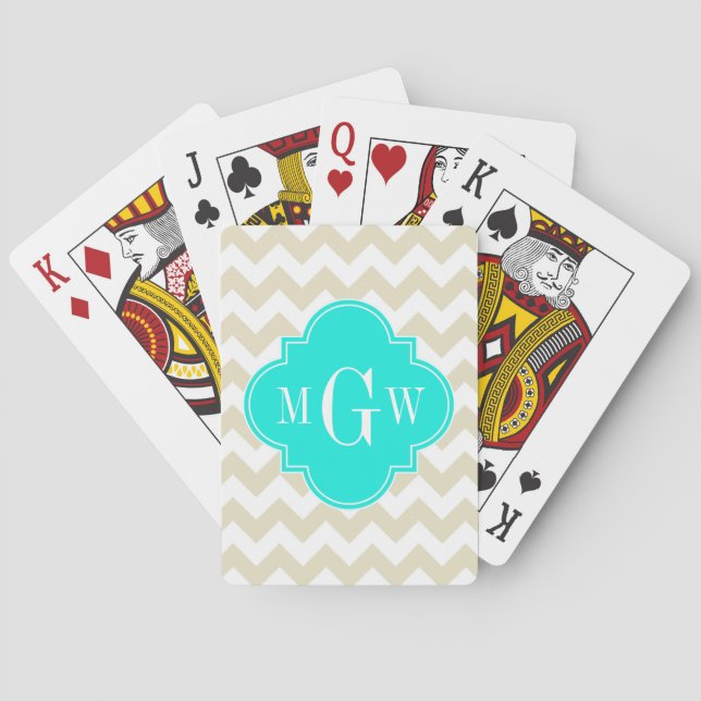 Beige White Chevron Aqua Quatrefoil 3 Monogram Poker Cards (Back)