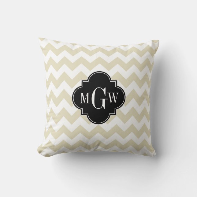 Beige White Chevron Black Quatrefoil 3 Monogram Throw Pillow (Front)