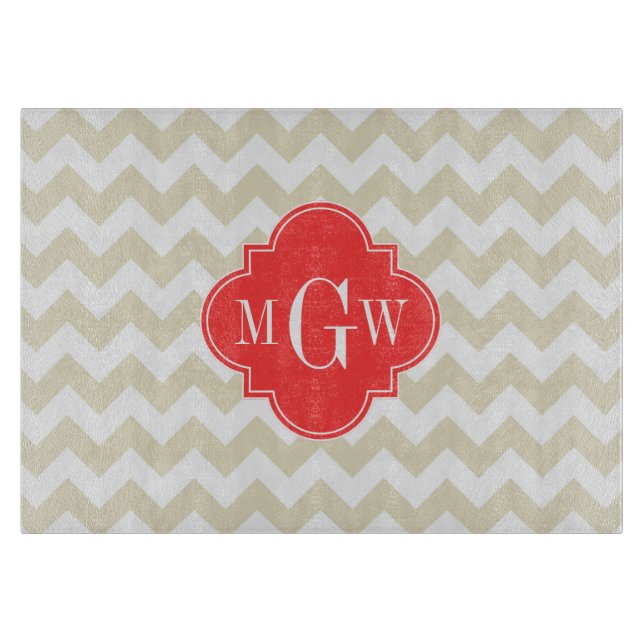 Beige White Chevron Coral Quatrefoil 3 Monogram Cutting Board (Front)