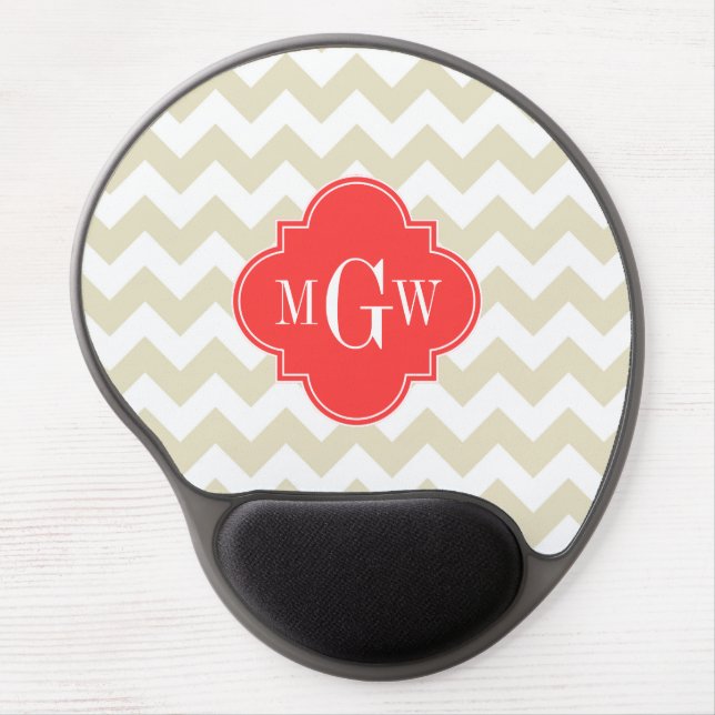 Beige White Chevron Coral Quatrefoil 3 Monogram Gel Mouse Pad (Front)
