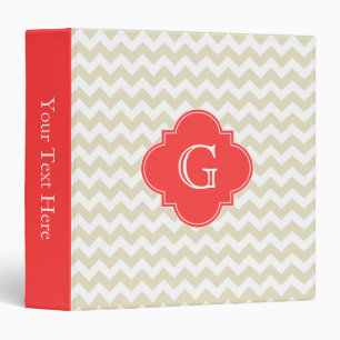Beige White Chevron Coral Red Quatrefoil Monogram Binder