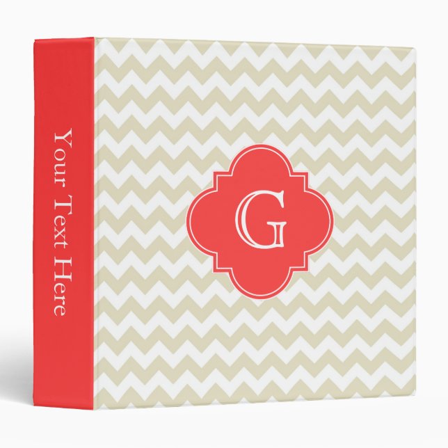 Beige White Chevron Coral Red Quatrefoil Monogram Binder (Front/Spine)