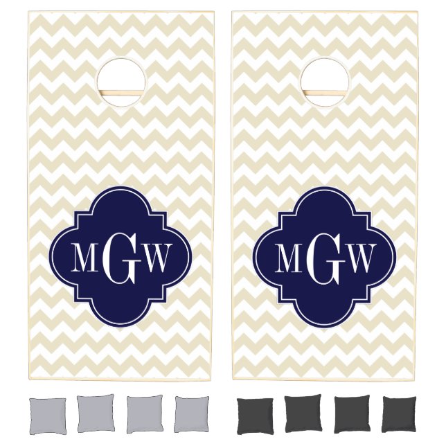 Beige White Chevron Navy Quatrefoil 3 Monogram Cornhole Set (Set)