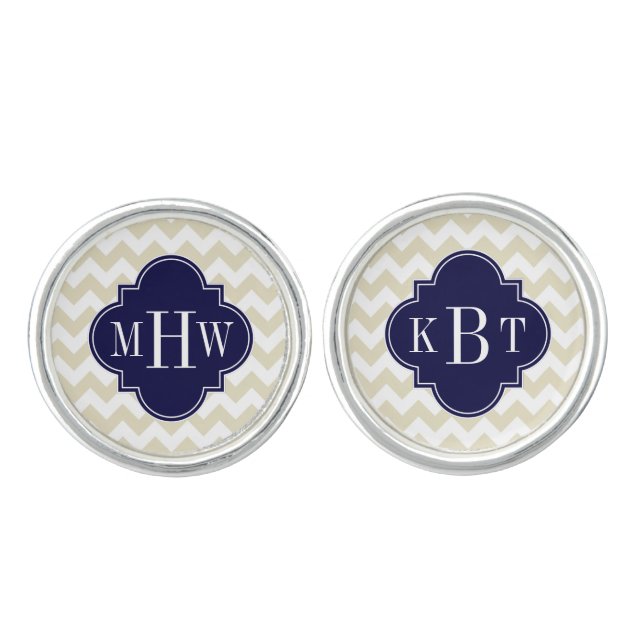 Beige White Chevron Navy Quatrefoil 3 Monogram Cufflinks (Front)