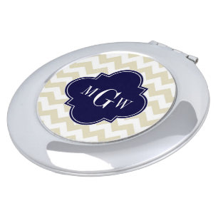 Beige White Chevron Navy Quatrefoil 3 Monogram Makeup Mirror