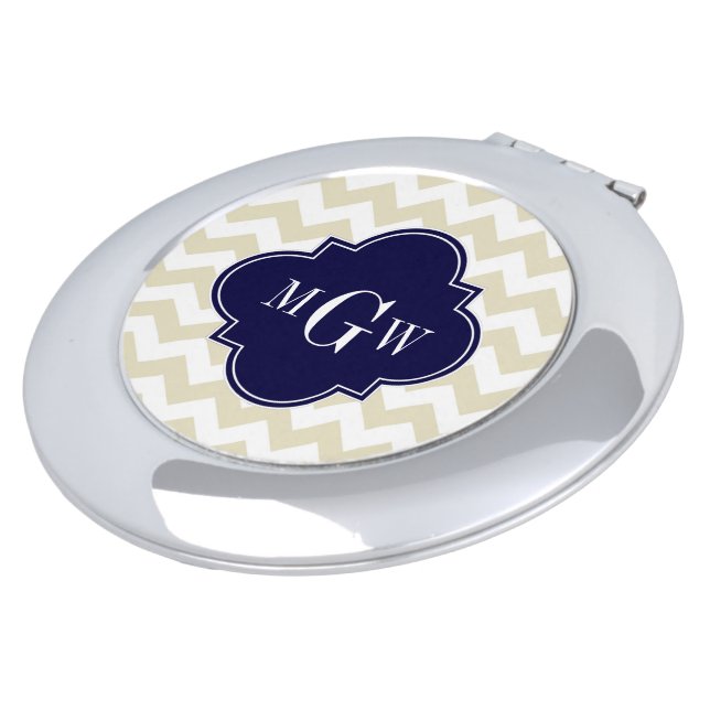 Beige White Chevron Navy Quatrefoil 3 Monogram Makeup Mirror (Turned)