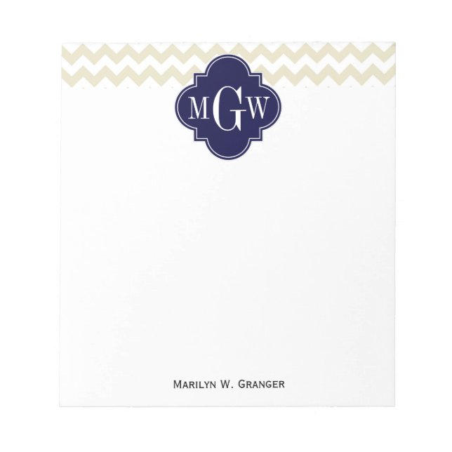 Beige White Chevron Navy Quatrefoil 3 Monogram Notepad (Front)