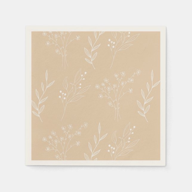 Beige White Corner Floral Boho Wedding Napkins (Front)