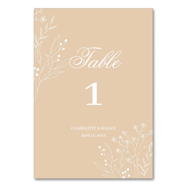 Beige White Corner Floral Boho Wedding Table Number (Front)