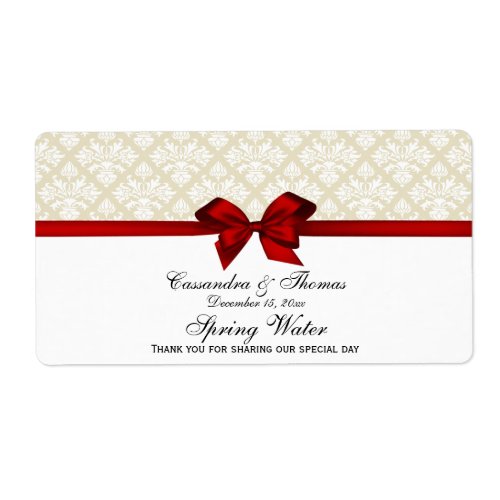 Beige White Damask Water Label With Red Bow