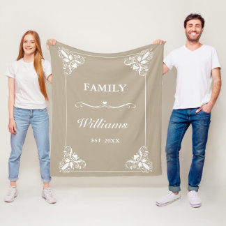 Beige &amp; White Decorative Frame Custom Family Name Fleece Blanket