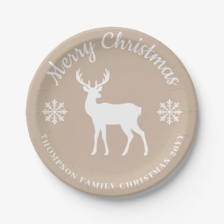 Beige White Deer And Snowflakes Christmas Party Paper Plates