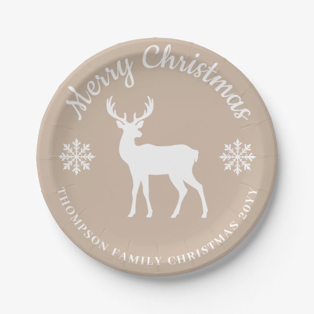 Beige White Deer And Snowflakes Christmas Party Paper Plates (Front)