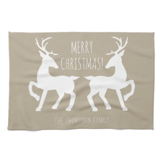 Beige &amp; White Deers With Custom Name Christmas Kitchen Towel