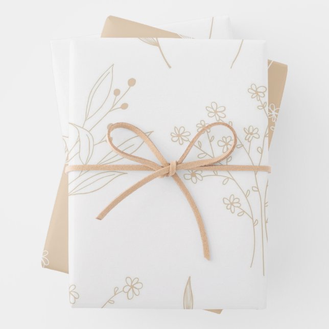 Beige White Floral Boho Wedding Wrapping Paper Sheets (In situ)