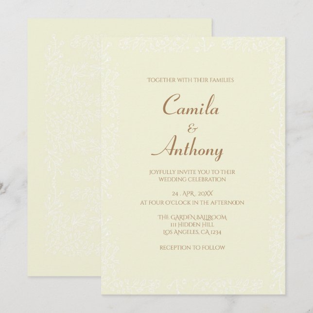 Beige White Floral Pattern Print Border Wedding Invitation (Front/Back)