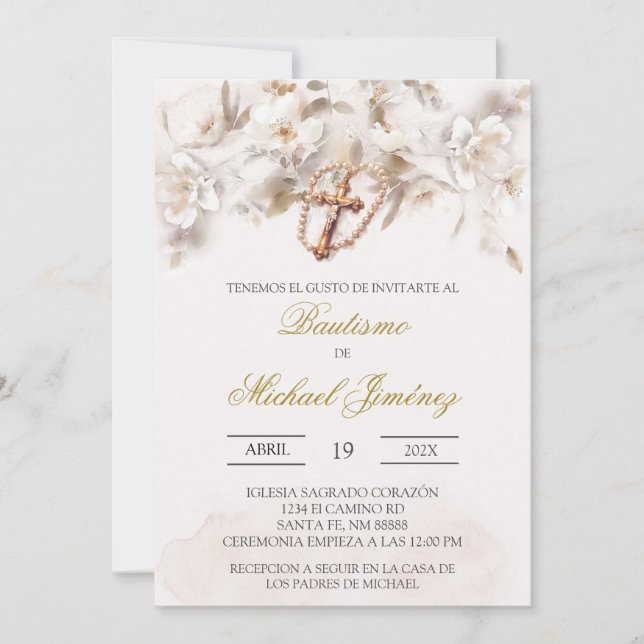 Beige white floral Spanish baptism Invitation (Front)