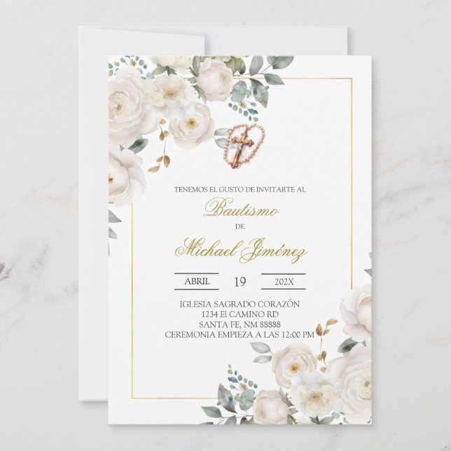 Beige white floral Spanish baptism Invitation (Front)