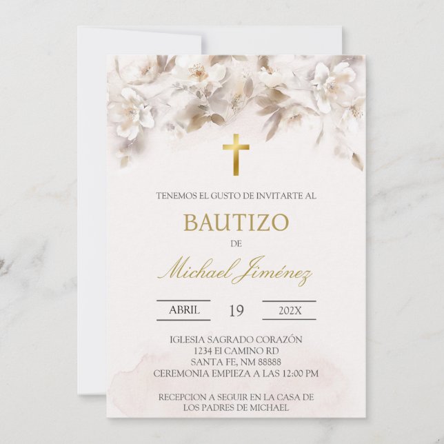 Beige white floral Spanish baptism Invitation (Front)